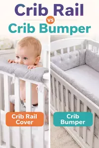 Crib rail cover on the top rail compared with a crib bumper lining the inside of a crib
