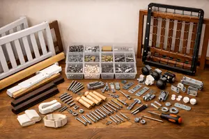 crib replacement parts including hardware kits, bolts, screws, and crib components organized by brand