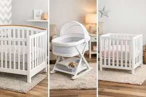 Comparison of a standard crib, bassinet, and mini crib in a home setting