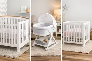 Comparison of a standard crib, bassinet, and mini crib in a home setting