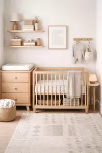 compact crib placed in a small nursery layout with dresser and wall storage