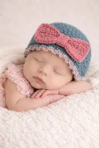 Baby photo portrait shoot idea wearing a crochet baby hat with a pink bow