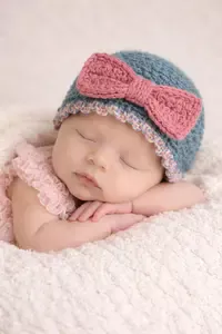 Baby photo portrait shoot idea wearing a crochet baby hat with a pink bow