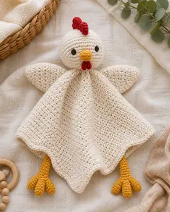 Crochet chicken pattern baby lovey with a flat blanket body and simple chicken head