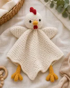 Crochet chicken pattern baby lovey with a flat blanket body and simple chicken head