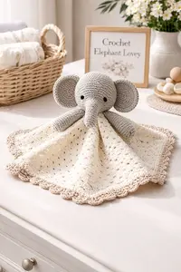 Crochet elephant lovey free pattern with a soft gray elephant and cream baby security blanket