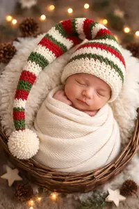 Handmade crochet pattern and photo shoot ideas for elf baby hat with soft yarn and long pointed tip for newborns