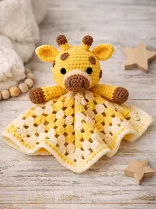 Crochet giraffe lovey made with a soft security blanket body for a baby gift