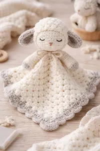 Crochet lamb lovey with small blanket body and lamb head in soft neutral yarn