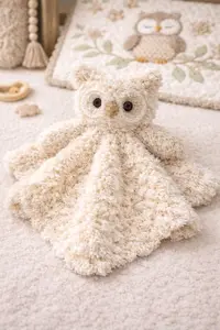 Cute handmade owl baby lovey crochet pattern with soft neutral yarns and woodland style details