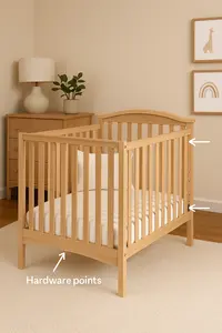 DaVinci baby crib in a modern neutral nursery showing hardware points and rail connections