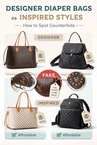 Designer diaper bags and inspired styles shown side by side for educational reference