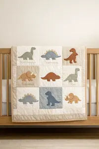 Dinosaur crib quilt pattern folded over a light oak crib in a modern neutral nursery with appliqué dinosaur blocks in muted tones