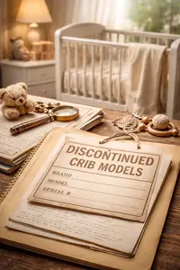 Vintage-style nursery vignette with an unlabeled crib tag and an archive folder, symbolizing discontinued crib model research