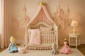 Disney princess nursery with a pink and gold canopy crib, royal castle wall mural, and princess dolls on the floor