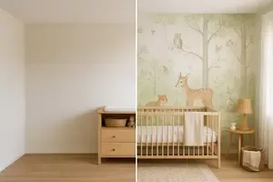 Before and after photo showing DIY baby nursery makeover with painted wall and handmade décor