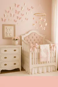 DIY nursery decor ideas in a feminine pink baby room with handmade butterflies, bows, quilt, mobile, and upcycled dresser