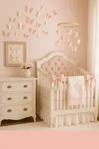 DIY nursery decor ideas in a feminine pink baby room with handmade butterflies, bows, quilt, mobile, and upcycled dresser