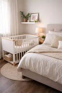 Small bedroom setup showing a crib placed beside a parents bed instead of a full nursery