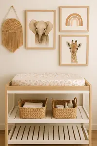 Nursery changing table setup in a safari animal jungle theme nursery with baskets and organized baby supplies