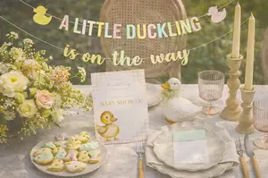 Duck baby shower dessert table ideas yellow duck pastel colors for spring