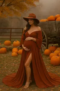 Expectant mother in a rust maternity gown standing in a pumpkin patch during the golden hour of a fall sunset