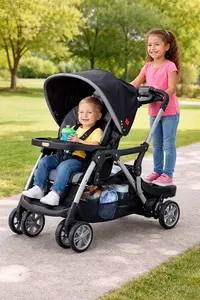 Fisher-Price sit and stand stroller with seated child and standing rider platform