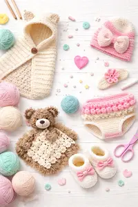 Collection of handmade baby crochet projects including blankets, booties, hats, and loveys