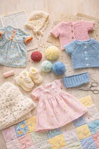Collection of handmade baby sewing, crochet, knitting, and quilt pattern projects arranged as inspiration