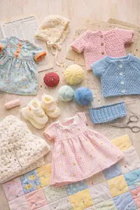 Collection of handmade baby sewing, crochet, knitting, and quilt pattern projects arranged as inspiration