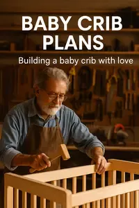 Grandfather building a wooden baby crib in a cozy woodworking shop surrounded by woodworking tools.