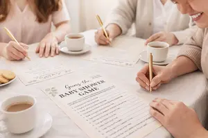 Guests laughing while playing guess the baby shower game with cards and clues