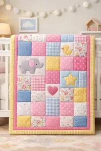 Handmade baby quilt with patchwork design styled on a crib for nursery inspiration