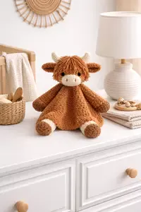 Highland cow crochet snuggler lovey with a soft floppy body and shaggy textured head