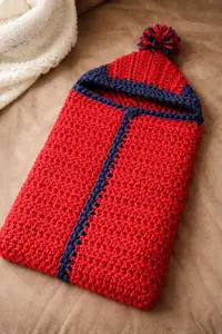 Crochet baby bunting with hood and fluffy pom pom in chunky yarn