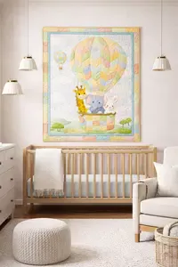 Hot air balloon jungle safari animals crib applique and patchwork quilt pattern with in pastel fabric giraffe bunny elephant