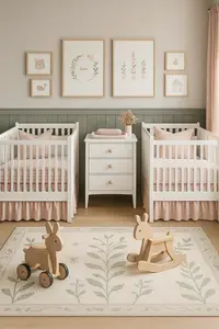 Nursery furniture setup for twins with cribs, a changing table dresser