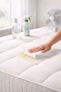 spraying and blotting a urine stain on a mattress