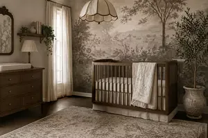 how to decorate a nursery in neutral sage green with forest wall mural