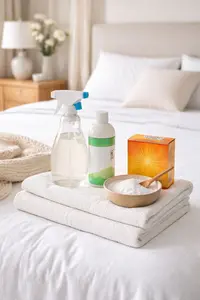 How to get pee smell out of mattress with simple cleaning supplies on a neatly made bed