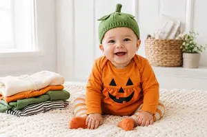 A cute DIY baby pumpkin costume made from everyday baby clothes and a crochet hat 