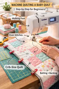 Machine quilting a small baby quilt on a home sewing machine with walking foot attached