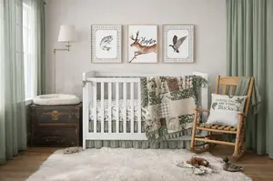 Hunting fishing woodland baby nursery with sage green crib bedding