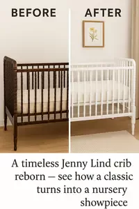 An old brown wood Jenny Lind crib makeover before and after in a charming vintage nursery