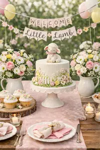 Lamb baby shower theme table with soft neutral decorations and lamb cupcakes
