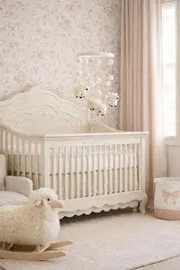 Lamb theme nursery with blush floral wallpaper, cream crib, lamb mobile and pale pink drapes