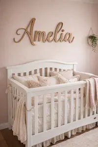 Large wooden letters for the nursery wall displayed above a modern crib in a soft neutral nursery