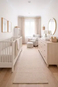 Long narrow nursery layout with crib on one wall and dresser on the opposite end creating a clear center walkway