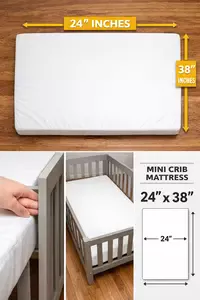Mini crib mattress measuring 24 by 38 inches placed inside a properly fitted mini crib frame