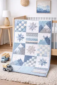 Modern baby boy crib star patchwork quilt pattern in baby blue and neutral 